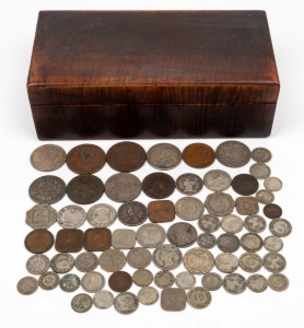 BRITISH ASIA: A QV-KGV accumulation of coins (310g) in a small wooden box; Ceylon, Hong Kong, India, Straits Settlements, mainly silver. (qty). Also noted a small, probably fake "diamond".