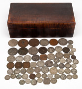 BRITISH ASIA: A QV-KGV accumulation of coins (310g) in a small wooden box; Ceylon, Hong Kong, India, Straits Settlements, mainly silver. (qty). Also noted a small, probably fake "diamond".