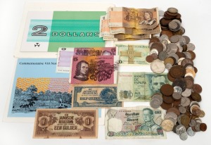An accumulation of Australian and world coins and banknotes, in very mixed condition, in a small box (qty)