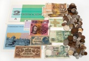An accumulation of Australian and world coins and banknotes, in very mixed condition, in a small box (qty)