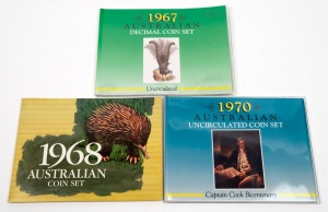 Group of three unofficial Australian coin sets, comprising 1967 Sherwood, 1968 Downies, and 1970 Sherwood.