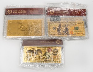 Group of twenty attractively-produced novelty 'gold foil' banknotes, each complete with dubious CoA, including reproductions of both Australian and United States designs. Good for party favours. (20 items)