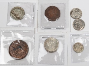 MIS-STRUCK & ERROR COINS: 1946 1/-, 1947 ½d, 1950 1d, 1953 1/-, 1955 3d, 1962 6d and 2003 5c. An attractive and rare group.(7 items).