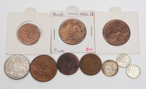 Small group comprising of Halfpennies (3, incl. 1936), Pennies (3, incl. 1922), Threepences (2), a Sixpence and a 1944 Florin. (10 coins)