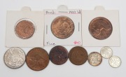 Small group comprising of Halfpennies (3, incl. 1936), Pennies (3, incl. 1922), Threepences (2), a Sixpence and a 1944 Florin. (10 coins)
