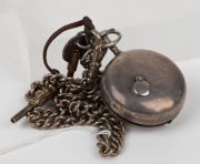 JOHN HARRIS of LONDON: An antique English sterling silver cased pocket watch with chain fusee verge escapement and sumptuously engraved black cock, one piece enamel dial with gold hands, 18th century. Lacking pair case but together with a fob chain and ke - 3