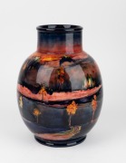 MOORCROFT English pottery vase decorated with trees in landscape and rare flambe glaze, underglazed blue signature mark "W. Moorcroft, 1941" with impressed signature mark and original paper label "By Appointment, Potter to H. M. The Queen", 28cm high. - 6