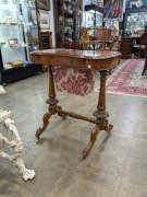 An antique English burr walnut sewing table with lift top, interior fitted with compartments and wall bag, circa 1870, ​​​​​​​72cm high, 67cm wide, 40cm deep. - 5