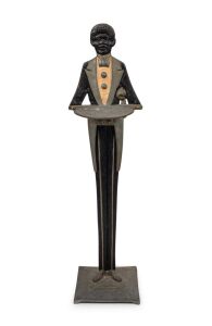 AMERICANA Art Deco hand-painted metal calling card stand, circa 1925, 74cm high.