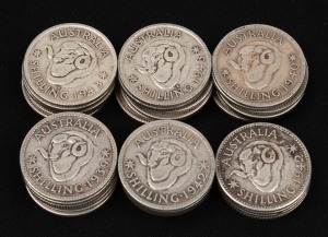 SHILLINGS: GEORGE VI, 1938 (2), 1939 (2), 1940 (1), 1941 (4), 1942 (6), 1943 (13), 1944 (6); mixed condition. (Total: 34)