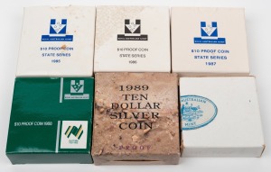 TEN DOLLAR SILVER PROOFS in original RAM boxes: 1982 Games, 1985 Victoria, 1986 South Australia, 1987 NSW, 1988 Bicentennial, and 1989 Queensland, (Total: 6).