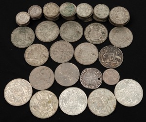 A mixed group in a small box, mainly Australian including KGV era threepences, later sixpences, shillings and a few florins; 1966 50c (5), and a few foreign coins including a silver Cyprus King Hugh IV (holed), etc.