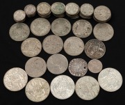 A mixed group in a small box, mainly Australian including KGV era threepences, later sixpences, shillings and a few florins; 1966 50c (5), and a few foreign coins including a silver Cyprus King Hugh IV (holed), etc.