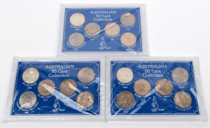 ELIZABETH II, 50c cents, 1966 Round, 1970 Captain Cook, 1977 Silver Jubilee, 1981 Royal Wedding, 1981 regular issue & 1982 Commonwealth Games: 3 sets of 6 Unc coins in attractive presentation cases.