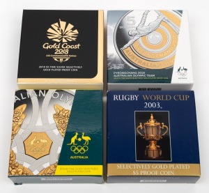 FIVE DOLLARS - 1oz SELECTIVELY GOLD PLATED SILVER PROOFS: RAM sport-themed coins, all in original cases with CoA and box, comprising 2003 Rugby World Cup, 2016 Australian Olympic Team, 2018 Gold Coast XXI Commonwealth Games, and 2018 Pyeongchang Australia