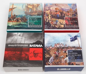 FIVE DOLLARS - 1oz SILVER PROOFS: RAM Australian history-themed coins, all in original cases with CoA and box, comprising 2015 Batavia Drama On The High Seas, 2019 The Eureka Stockade, 2019 Mutiny On The Bounty, and 2019 The Rum Rebellion. (4 items)