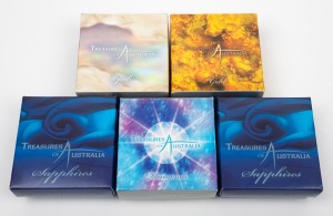 PERTH MINT - TREASURES OF AUSTRALIA: Group of 1oz silver proofs with lockets containing various precious stones, all in original cases with box, comprising 2007 Diamonds, 2007 Sapphires (x2), 2008 Opals, and 2010 Gold. (5 items)