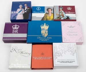 ONE DOLLAR - 1oz SILVER PROOFS: Perth Mint British-royalty themed coins, all in original cases with CoA and box, comprising 2003 Prince William 21st Birthday, 2007 Diamond Wedding Anniversary, 2011 Royal Wedding, 2012 Diamond Jubilee, 2012 Diamond Jubilee two-coin set, 2013 Coronation 60th Anniversary, 2015 Birth Of Princess Charlotte, 2015 Longest Reigning Monarch, and 2018 Royal Wedding. (9 items)
