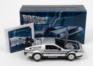 Tuvalu: BACK TO THE FUTURE: Perth Mint 2015 30th-anniversary one Tuvaluan dollar 1oz silver proof, in unusual commemorative plastic Delorean case, with CoA and box.