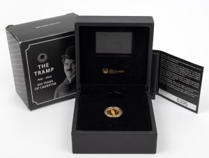 Tuvalu: CHARLIE CHAPLIN: Perth Mint 2014 'The Tramp - 100 Years Of Laughter' twenty-five Tuvaluan dollars &frac14;oz gold proof, limited edition 395/1000, in movie-player case with CoA and box.