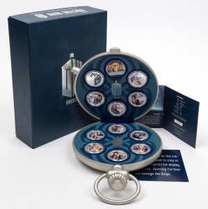 DOCTOR WHO: New Zealand Mint 2013 50th-anniversary 11 x one Niuean dollar ½oz silver proof set, in unusual commemorative plastic fob watch case with CoA and box.