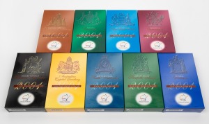 Complete set of nine RAM 2001 Centenary of Federation State/Territory three-coin proof sets, comprising Tasmania, Victoria, New South Wales, Queensland, South Australia, Western Australia, Australian Capital Territory, Northern Territory, and Norfolk Isla