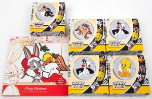 Tuvalu: LOONEY TUNES SILVER PROOFS: Group of six Perth Mint 2018 &frac12;oz one Tuvaluan dollar coloured silver proofs, all in original cases with CoA and box, comprising Tasmanian Devil, Sylvester The Cat (x2), Tweety Bird, and Daffy Duck, together with 1oz sta