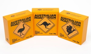 ROAD SIGNS: Group of three RAM $1 1oz frosted uncirculated silver coins, all in original cases with CoA and box, comprising 2013 Kangaroo [#374/40,000], 2014 Koala [#1097/40,000], and 2015 Emu [#499/40,000]. (3 items)