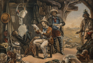 GEORGE BAXTER (1804 - 1867), "News from Home", and "News from Australia", colour lithographs or Baxter prints, each 11 x 15cm, the lager frame 44 x 42cm overall.