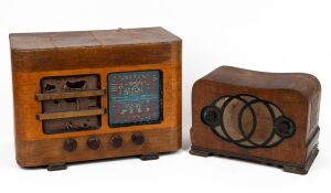 ASTOR MICKEY vintage timber cased mantle radio; together with a walnut veneered vintage mantle radio, both in barn find condition, (2 items), 19cm and 28cm high.