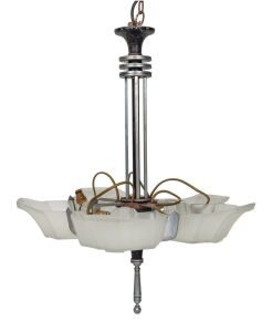 An Austrian Art Deco metal and glass hanging light with five glass shades, circa 1925; together with a red Murano glass hanging light shade with gold inclusions, (2 items), the hanging light 63cm high (not including chain)