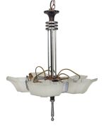 An Austrian Art Deco metal and glass hanging light with five glass shades, circa 1925; together with a red Murano glass hanging light shade with gold inclusions, (2 items), the hanging light 63cm high (not including chain)