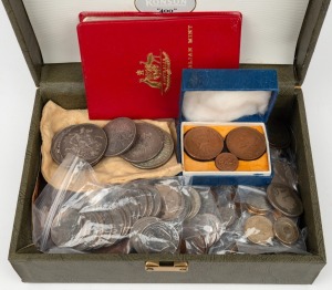 An accumulation of Australian and World coins in a small box. Noted G.B. Crowns, Australian 1966 50c (8), Japan 1964 1000y, Australian pre-decimals, a few banknotes, etc. (qty).
