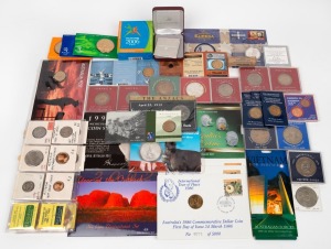 An accumulation of mainly decimal period coins including Uncirculated Year sets, a couple of PNCs, carded $1 commemoratives, a 2006 silver $5 Games proof, a 1978 5c Mint Roll, a 2002 $1 Silver Kangaroo Proof, a 1994 Cook Islands $10 Proof, etc.