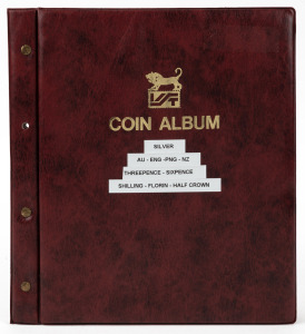 An album containing mainly a duplicated range of Australian and Great Britain Florins, Threepences, Sixpences, Shillings and some Half-Crowns; some heavy duplication and a few N.Z., etc. have crept in. Worth a look! (Total: 370+). Mixed condition.