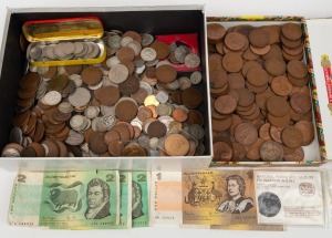 An accumulation of Australian and foreign coins, (and few banknotes) in a box; approx. 6kg.