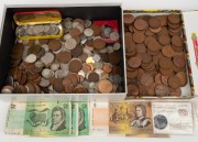 An accumulation of Australian and foreign coins, (and few banknotes) in a box; approx. 6kg.