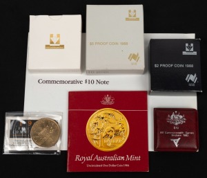 A mixed group comprising of 1982 $10 silver Unc, 1984 $1 Proof and Unc, 1988 $2 silver proof, 1988 $5 Proof and Unc, and 1988 $10 banknote in folder, (total: 7 items).