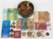 An untidy accumulation of Decimal and Pre-Decimal, mostly Australian coins; together with a quantity of Australian Decimal banknotes comprising of 3x $10 polymer notes, $10 Australian paper note, $5 Australian paper note, 9x $2 Australian paper notes and 