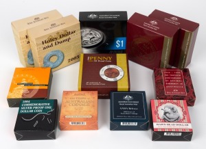 ONE DOLLAR SILVER PROOFS: RAM Australian coinage history-themed issues, all in original cases with CoA (where applicable) and box, including 1994 Commemorative One Dollar, 1996 Thirtieth Anniversary Of Decimal Currency In Australia, 2000 Proclamation 'Car