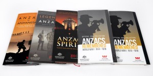 ANZACS - OFFICIAL COIN COLLECTIONS: Group of five complete RAM coin collection folders containing carded uncirculated commemorative coins, comprising 2015 'ANZACs Remembered', 2015 'ANZACs Remembered' (unopened), 2016 'Anzac To Afghanistan', 2017 'Legends Of The ANZACs' (unopened), and 2018 'ANZAC Spirit - Values That Defined Our Nation'. (5 items)