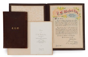 SIR ERNEST HENRY WREFORD (1866 &ndash; 1938) January 1932, illuminated leather-bound presentation to Wreford on the Jubilee of his association with the National Bank of Australasia; presented by the members of the National Bank Staff Club: "congratulations up