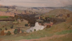 CHRIS LANGLOIS (1969 - ), Sketch (Murrumbidgee River), 2010, No.1, oil on board, signed and titled verso, Rex Irwin Art Dealer label verso, ​​​​​​​12 x 22cm, 23 x 32cm overall