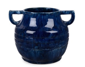 JOHN CAMPBELL blue glazed two handled pottery vase, incised "John Campbell, Tasmania", ​​​​​​​18cm high, 24cm wide.