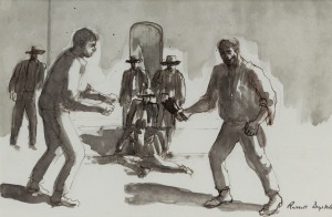 RUSSELL DRYSDALE (1912-1981), (the fight), ink and wash on paper, signed lower right "Russell Drysdale", 20 x 30cm, 44 x 54cm overall.