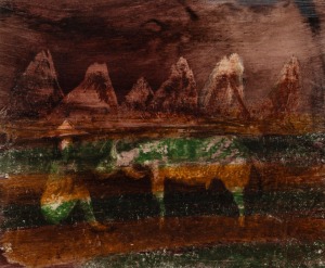 SIDNEY NOLAN (1917-1992), Landscape and Figure with Bull, (1967), oil on paper, signed lower right "Nolan", with printed caption "SIDNEY NOLAN, '67", 25 x 30cm, 42 x 47cm overall. PROVENANCE: Bonhams & Goodman, Australian, International & Aboriginal Fine 
