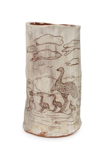 DEREK JUNGARRAYI THOMPSON hand-built pottery vase with sgraffito landscape adorned with kangaroos and emus, signed "DEREK T. ERNABELLA ARTS, 2011", ​​​​​​​26.5cm high.