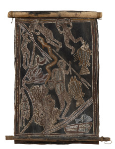 ARTIST UNKNOWN, (hunting figures and sea creatures), earth pigments on bark, 62 x 39cm overall