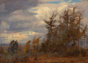 HANS HEYSEN (1877-1968), Larches on a Hill, Haslemere, Surrey, oil on canvas board, signed lower right "H. H." and titled verso, 24 x 32cm, 36 x 43cm overall