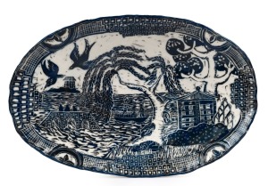 GERRY WEDD oval pottery platter with sgraffito blue and white "Willow" style decoration, incised "Wedd, 2016", 29cm wide